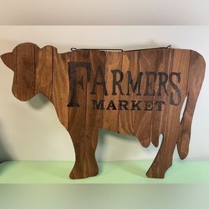 Rustic Primitive Brown Cow Farmers Market Sign, Size 24” x 16", Rough Cut Wood